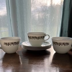 Pyrex Milk Glass Spring Blossom Green Cup with Saucers set