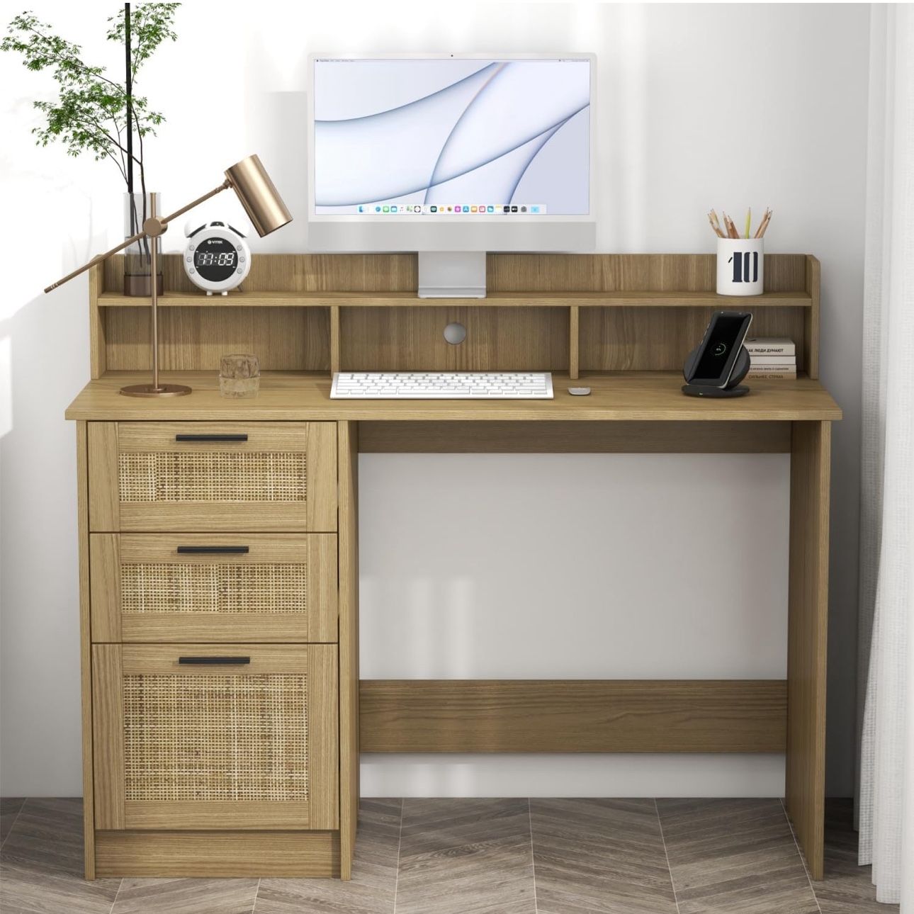 Small Computer Desk with Drawers and Hutch Shelf,Home Office Small Desk with Storage File Drawers,Boho Rattan Writing Study Desk for Bedroom