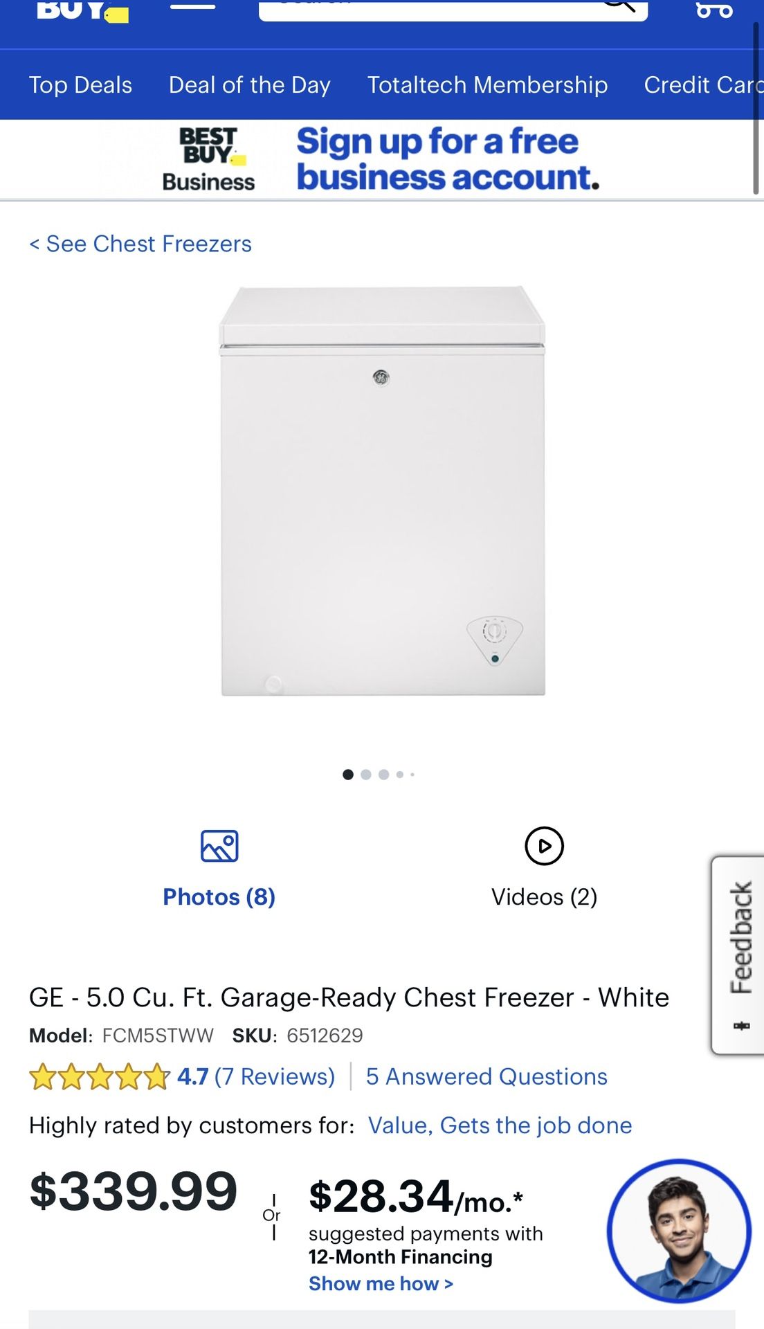 GE 5.0 Cu. Ft. Garage-Ready Chest Freezer White FCM5STWW