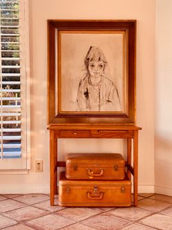 Unique solid-wood accent table + retro suitcases! 32”W x 18”D x 27” H