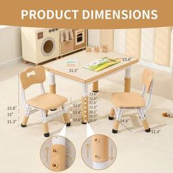 🥨Toddler Table and 2 Chairs, Height-Adjustable Kids Table and Chairs Set, 31.5''L x 23.6''W Children Activity Table for Boys and Girls Aged 3-8