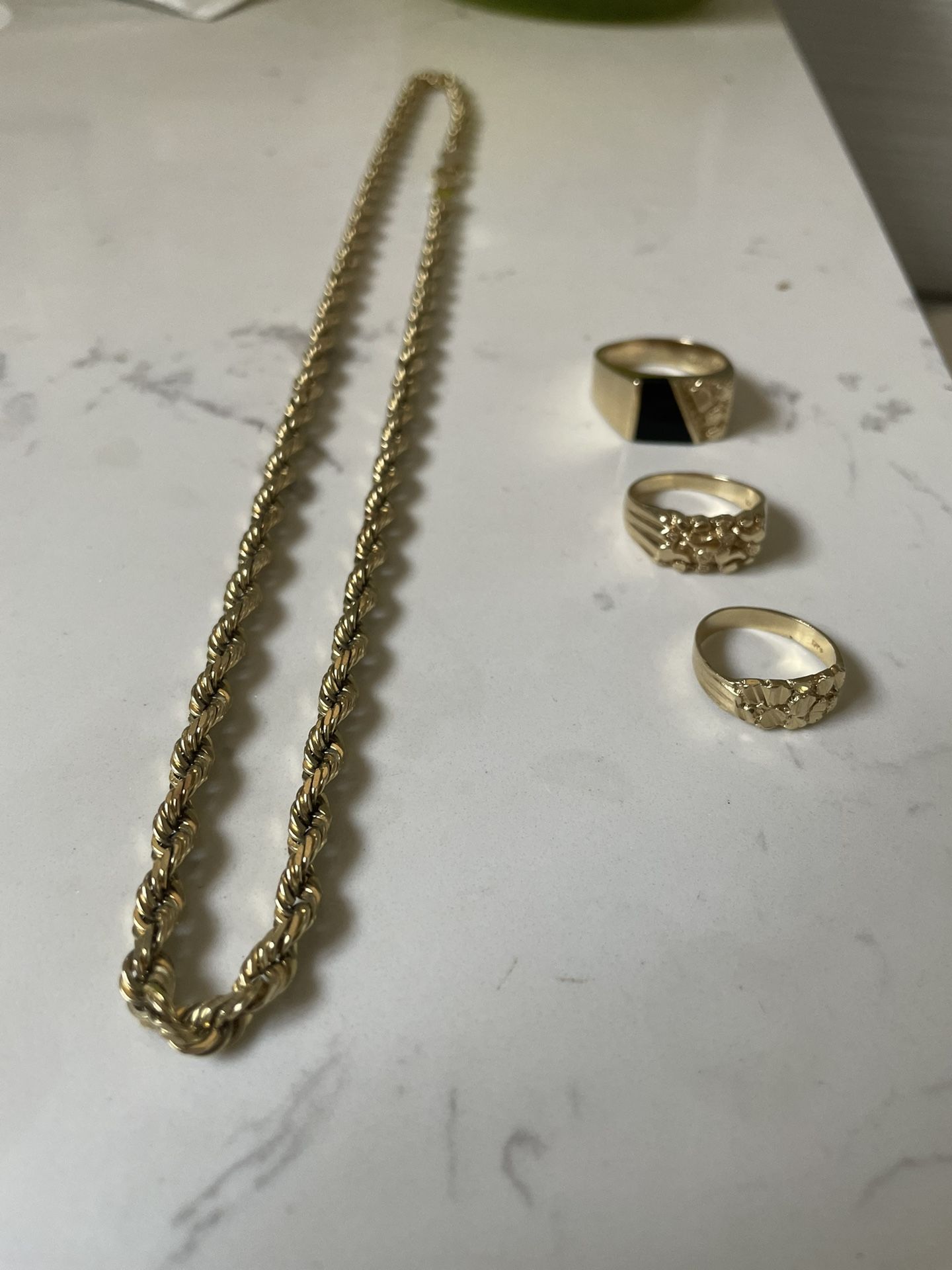10k Gold Rope Chain And 14k Nugget Rings