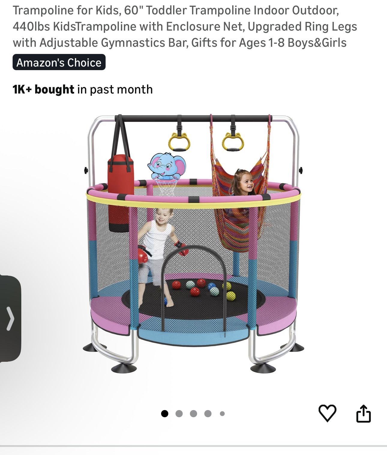 Trampoline for Kids, 60" Toddler Trampoline Indoor Outdoor, 440lbs KidsTrampoline with Enclosure Net, Upgraded Ring Legs with Adjustable Gymnastics Ba