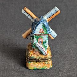 Hand Painted French Limoges Windmill Porcelain Box Vintage Hinged Limoges Box