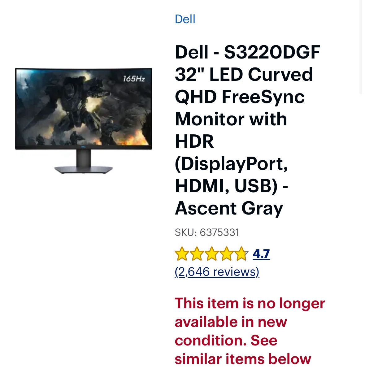 Dell 32” LED Curved QHD FreeSync Monitor w/ HDR