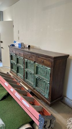 Rustic Wood Sideboard with Distressed Green Doors