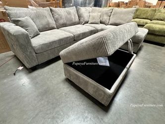 NEW Sectional Sofa and Chaise FREE STORAGE OTTOMAN Light Grey Soft Fabric USB Big SALE Ashley Style Discount Furniture Green Black Gray Beige White 