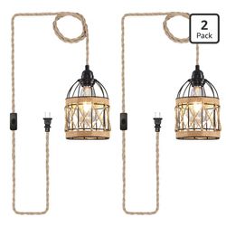 New Plug in Pendant Light, Industrial Hanging Light with Plug in Cord Hemp Rope