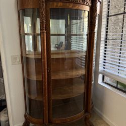 Antique Old Oak Hand Carved Glass Cabinet 