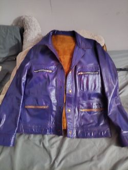 Handmade Leather Jacket Purple With Silver Zippers And Buttons Reversible Suede Brown 70 Style Jacket