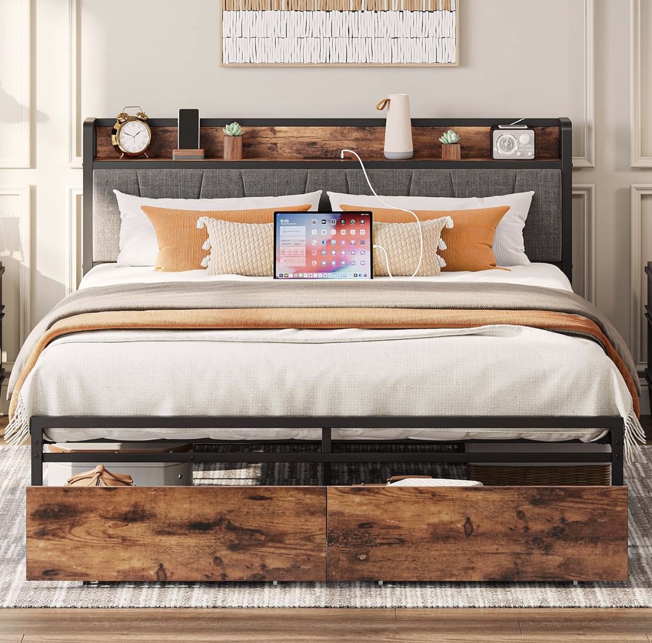 Full size Bed Frame With Charging Station & Storage Drawers 