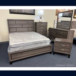 Gray Bedroom Set (4pc)- Queen Bed Frame, Dresser, Mirror, And Nightstand