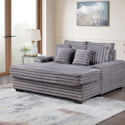 Gray Corduroy Chaise With Usb And Cup holder, Free Delivery ✅ 67” Wide Chaise Lounge Chair 