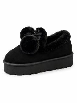 Black Platform Slip-On Shoes with Pom-Poms