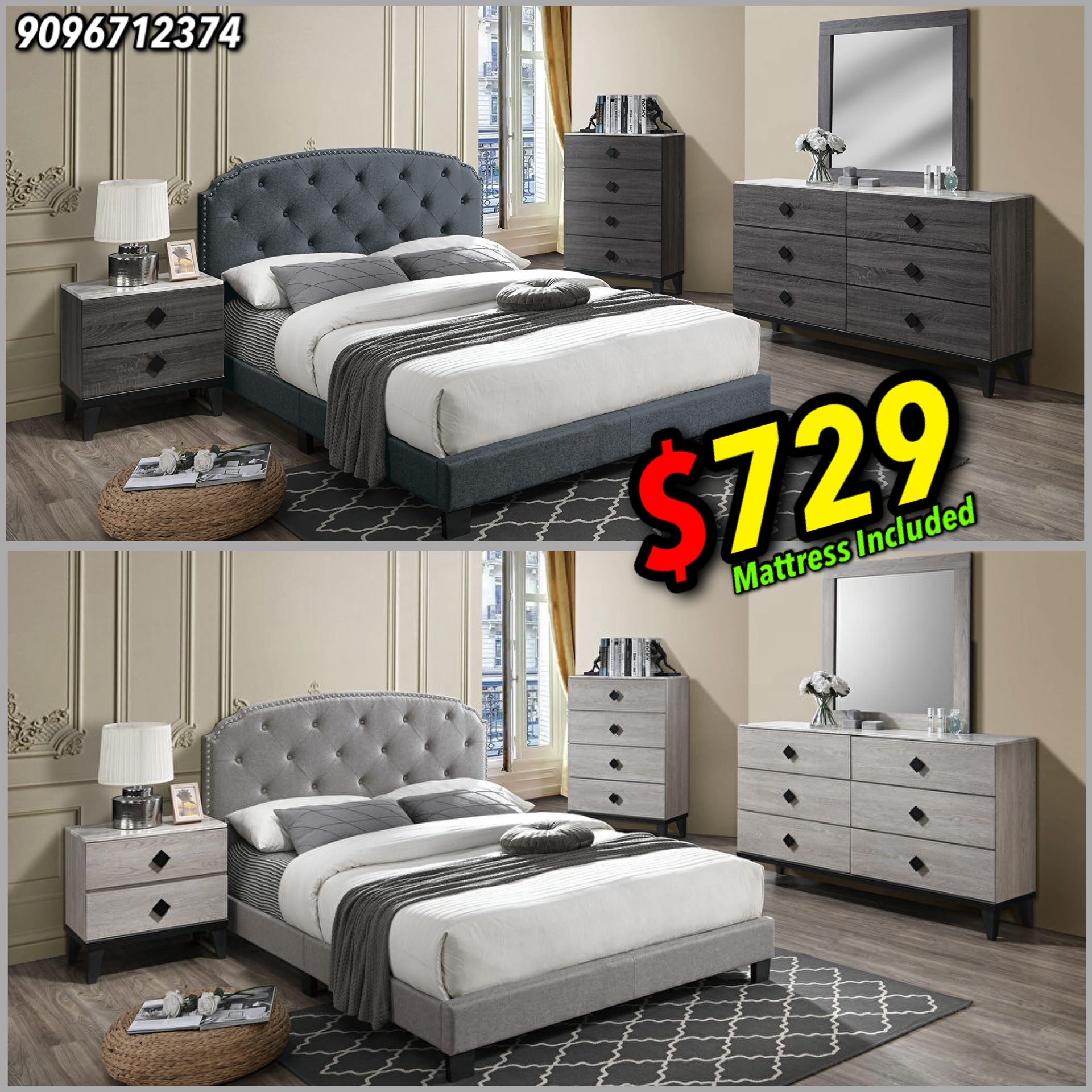 4pcs Queen Size Bedroom Set w. Mattress Included