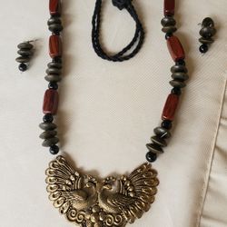 New Handmade Beaded Necklace With Peacock Pendant & Matching Beaded Earrings