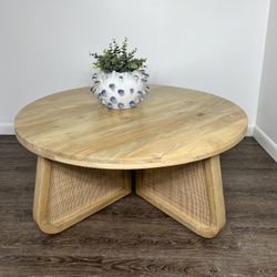 Round Wood Coffee Table With Rattan Base