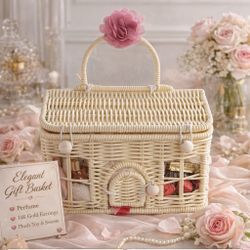 Elegant Gift Basket with Perfume & Gold Earrings 💖”Canasta de Regalo con Aretes de Oro 14K 💎 
