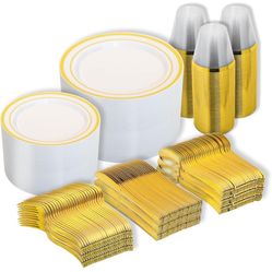 600PCS Disposable Plastic Plates, Gold Plastic Dinnerware Set Includes 100 Dinner Plates, Dessert Plate, Cups, Spoons, Forks, Knives for 100 Guests, P
