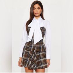 Plaid White Bow Blouse skirt set (medium)