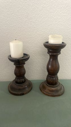 Set of 2 Dark Wood Pillar Candleholders