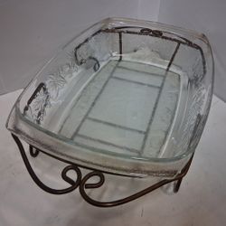 Princess House Etched Glass Casserole Dish with Stand – Floral Motif (Heritage)
