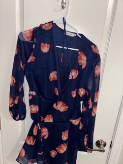 All in Favor Navy Wrap Dress with Coral Floral Print - Size L