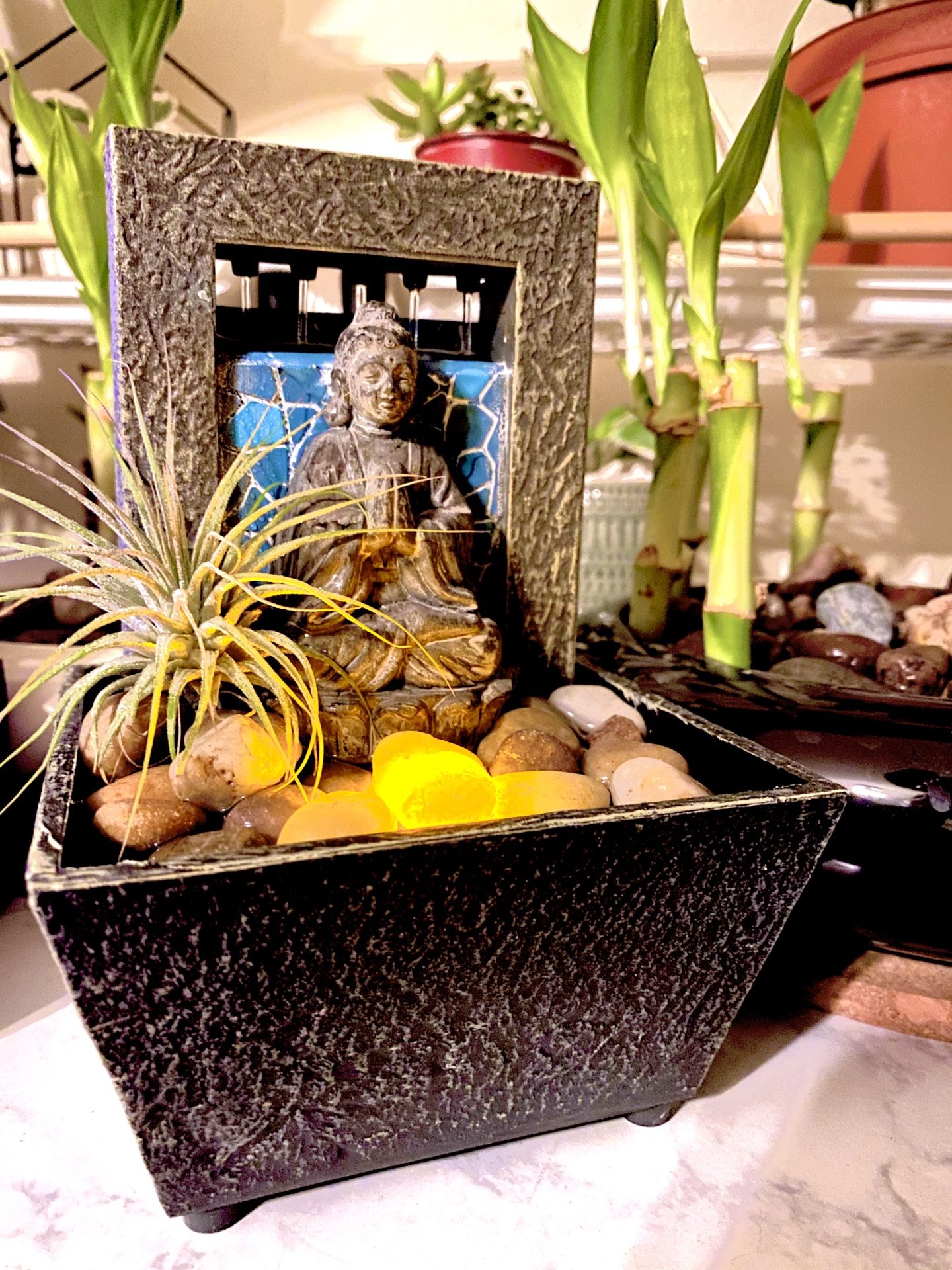 Mosaic Buddha river stones indoor water fountain light up Zen decor Tillandsia air plant soothing hobo plants house decor birthday gift