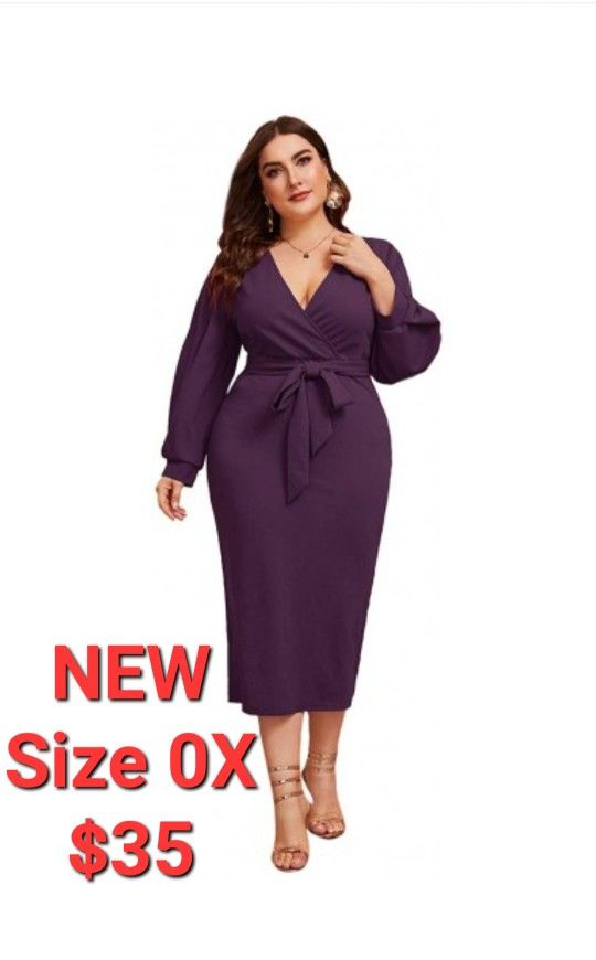 Women's Plunging V Neck Bishop Sleeve Bodycon Belted Dress Purple 0XL