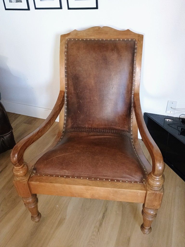 Large Antique Wooden Leather Chair