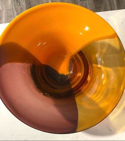 Beautiful Art Glass Bowl / Home Decor In Orange, Amber and Purple Swirl 8.5"