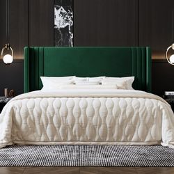 King Size Bed Frame, Velvet Platform Bed with Upholstered Wingback Headboard, No Box Spring Needed, Green