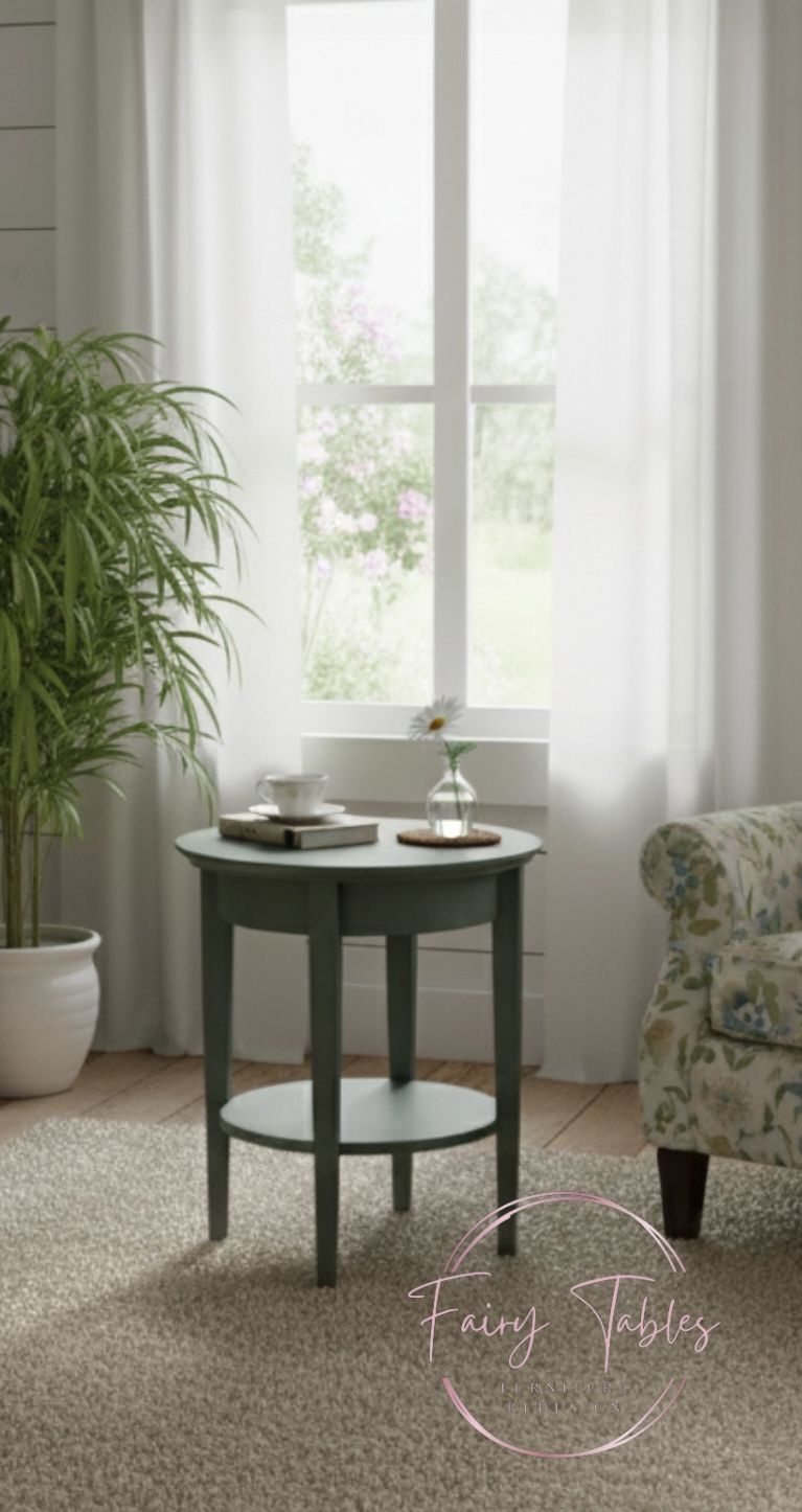 Solid Wood Pair of Modern Round Side Accent Tables Refinished in Soft Olive Green