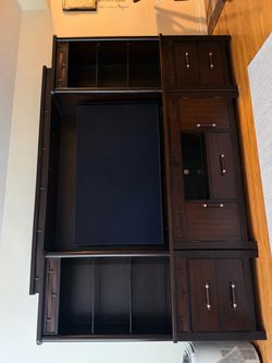 Dark Wood Freestanding TV Stand w/ Shelves, 2 Doors, 5 Drawers