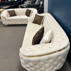 Ivory Velvet Sofa And Loveseat Living Room Set 