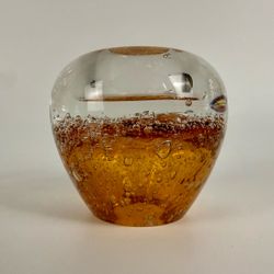 Vintage Amber Controlled Bubble Art Glass Votive / Paperweight - MCM Style