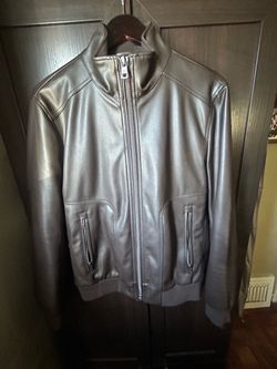 Gray Faux Leather Zip-Up Bomber Jacket