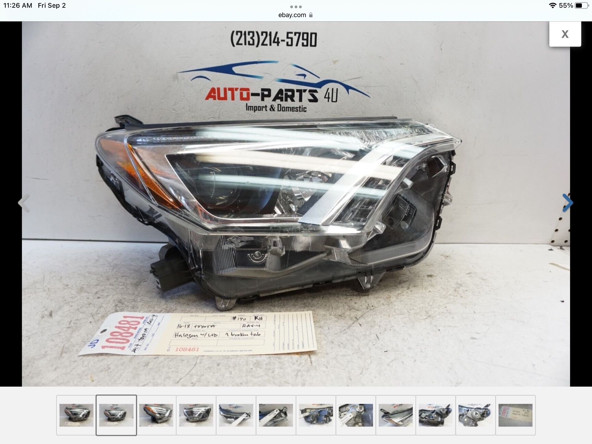 2016-2018 TOYOTA RAV4 RAV-4 RH PASSENGER HALOGEN W/ LED HEADLIGHT OEM JD108481