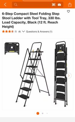 6-Step Compact Steel Folding Step Stool Ladder with Tool Tray, 330 lbs. Load Capacity, Black (12 ft. Reach Height)