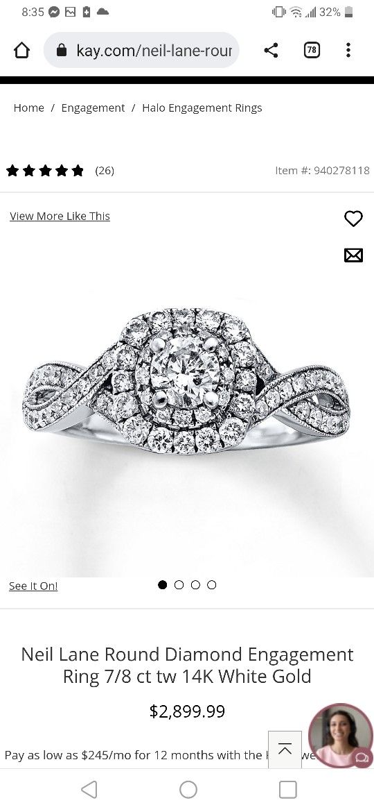 Neil Lane Round Diamond Engagement Ring 7/8 ct tw 14K White Gold