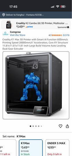 Creality K1 Max 3D Printer with Smart AI Function 600mm/s Printing Speed 20000mm/s² Acceleration, Core XY Structure 11.81x11.81x11.81 inch Large Build