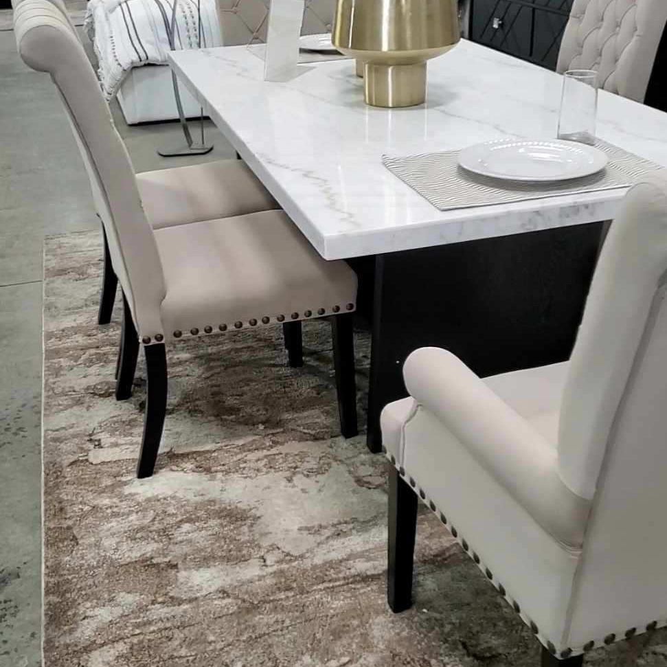 Marble Dining Table - Beige Tufted Chairs