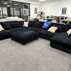 Black XL Corduroy Sectional Set + Ottoman Set - Free Delivery Promo 