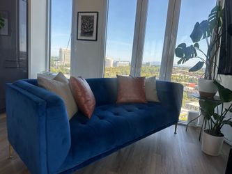 Vibrant Blue Velvet Sofa / Couch - $390 obo - Great Condition!!