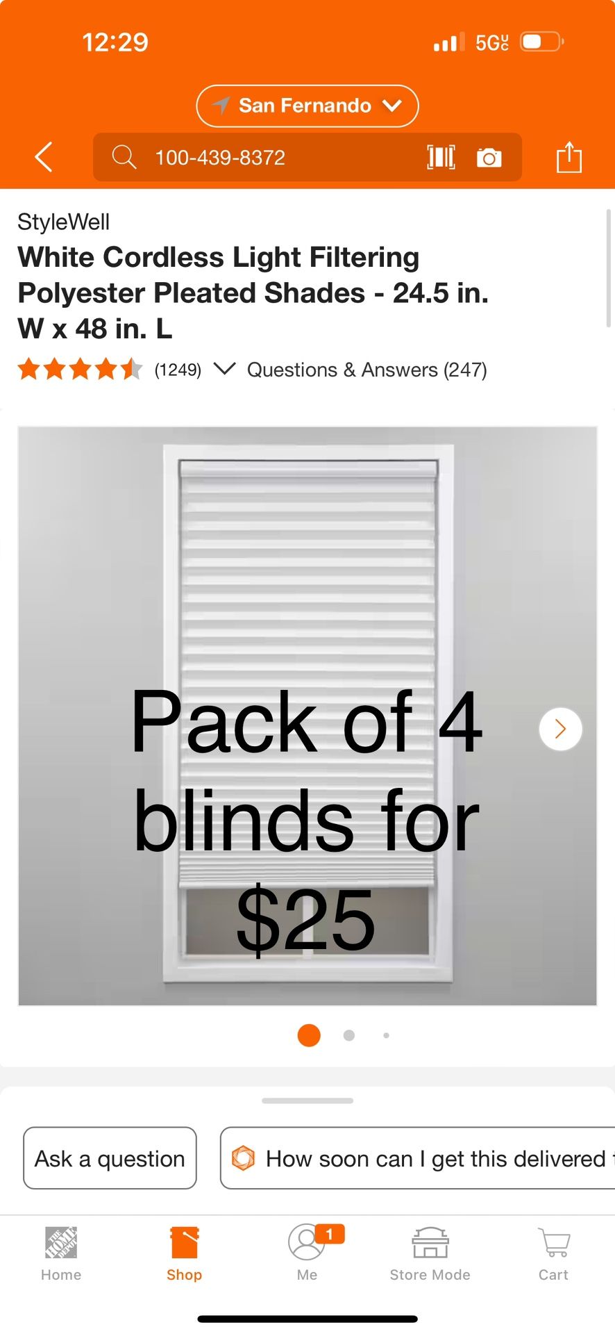 StyleWell White Cordless Light Filtering Polyester Pleated Shades - 24.5 in. W x 48 in. L