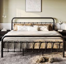King Size Bed Frame Metal Platform Bed with Vintage Style Headboard and Footboard, Heavy Duty Mattress Foundation, No Box Spring Needed, Easy Assembly