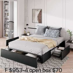Full Size Platform Bed Frame with 3 Storage Drawers, Faux Leather Upholstered, Wooden Slats Support, open box（953-4）