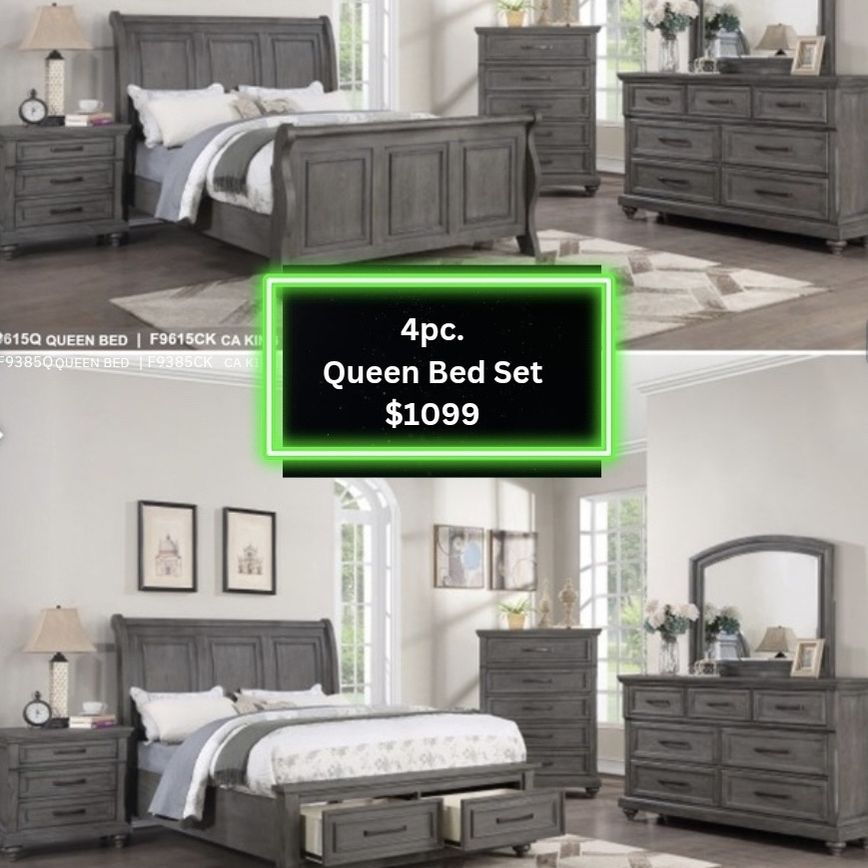 Grey Bed Set - 4pc Queen Bed Dresser Mirror Nightstand $1099