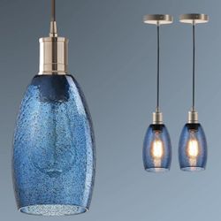 Set Of 2 Dark Blue Seeded Glass Pendant Lamps Art Glass Mini chandeliers with Handmade Oval Light Shade