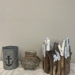 Beach Coastal themed decor bundle (Candle Lantern Jar, Tin Can, Painted Driftwood Holder/Glass Vase)